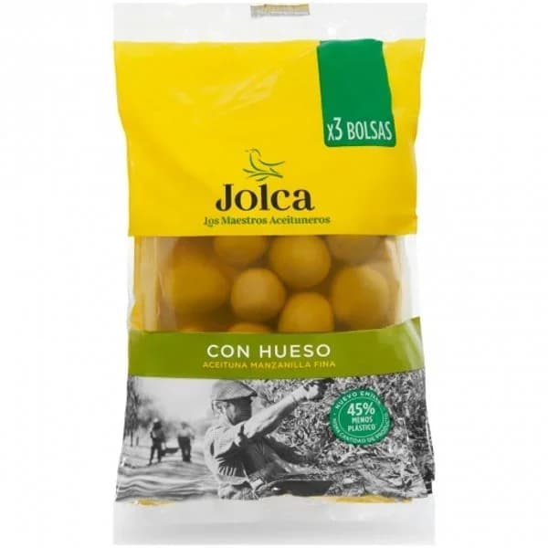 Aceitunas verdes manzanilla con hueso Jolca pack de 3 bolsas de 65 g. - 0.2 kg - Imagen del producto en Findit