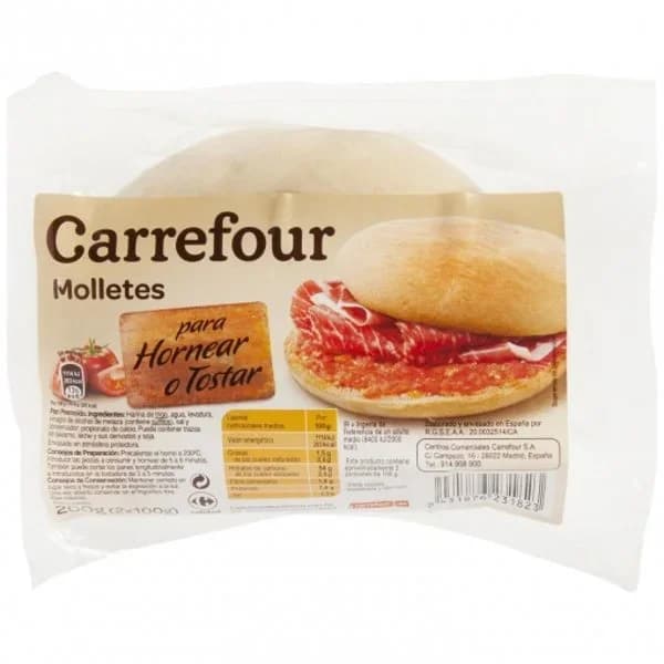 Molletes de pan para hornear o tostar Carrefour pack de 2 unidades de 100 g. - 0.2 kg - Imagen del producto en Findit