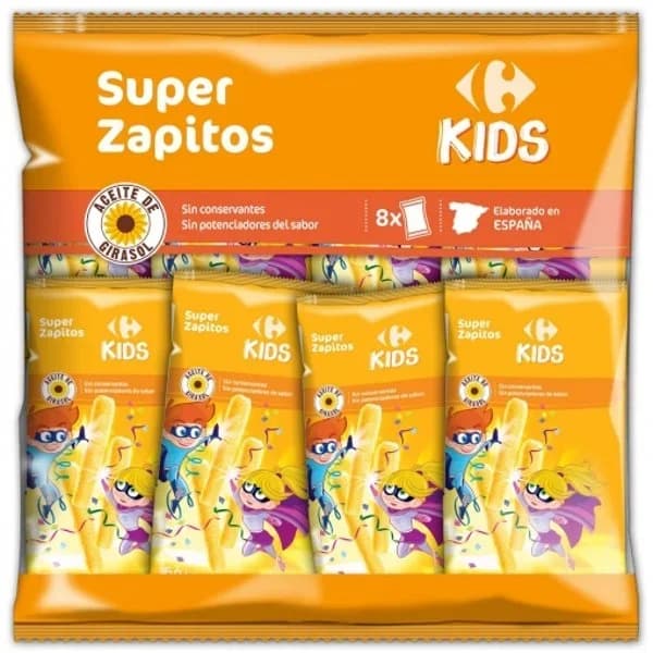 Aperitivo de maíz Super Zapitos Carrefour Kids sin gluten pack de 8 unidades de 6 g. - 0.05 kg - Imagen del producto en Findit