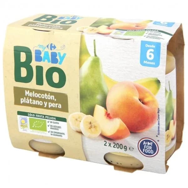 Tarrito de Melocotón con Platano y Pera Ecológico Carrefour Baby Bio desde 6 meses pack de 2 unidades de 200 g. - 0.4 kg - Imagen del producto en Findit