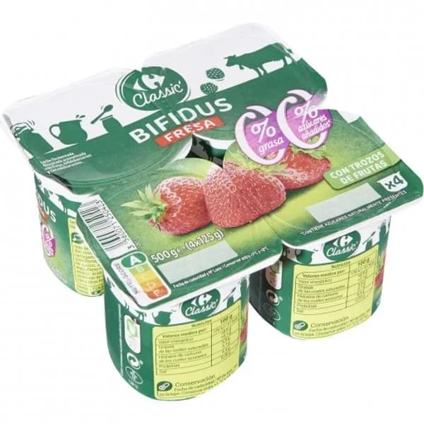 Bífidus desnatado con trozos de fresa sin azúcar añadido Carrefour Classic pack de 4 unidades de 125 g. - 0.5 kg - Imagen del producto en Findit