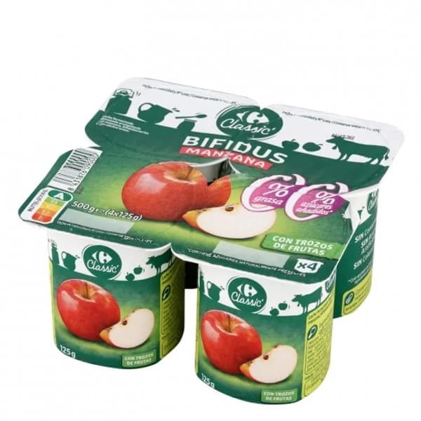 Bífidus desnatado con manzana Carrefour Classic´ sin gluten y sin azúcar añadido pack de 4 unidades de 125 g. - 0.5 kg - Imagen del producto en Findit