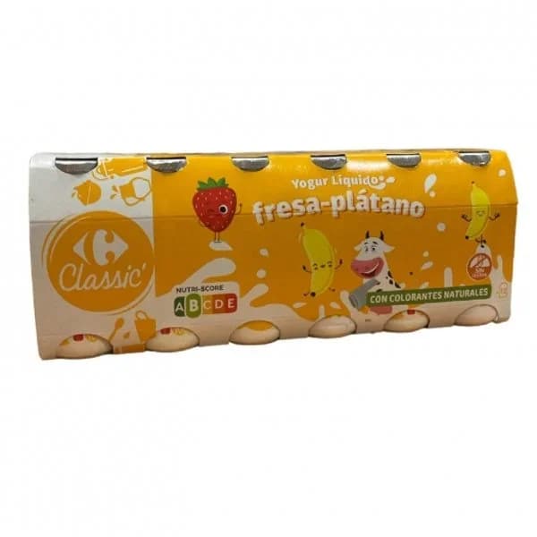 Yogur liquido con fresa y plátano Carrefour Classic´ sin gluten pack de 12 unidades de 100 g. - 1.2 kg - Imagen del producto en Findit