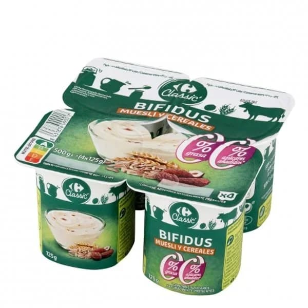 Bífidus desnatado con muesli y cereales Classic´ Carrefour sin azúcar añadido pack de 4 unidades de 125 g. - 0.5 kg - Imagen del producto en Findit