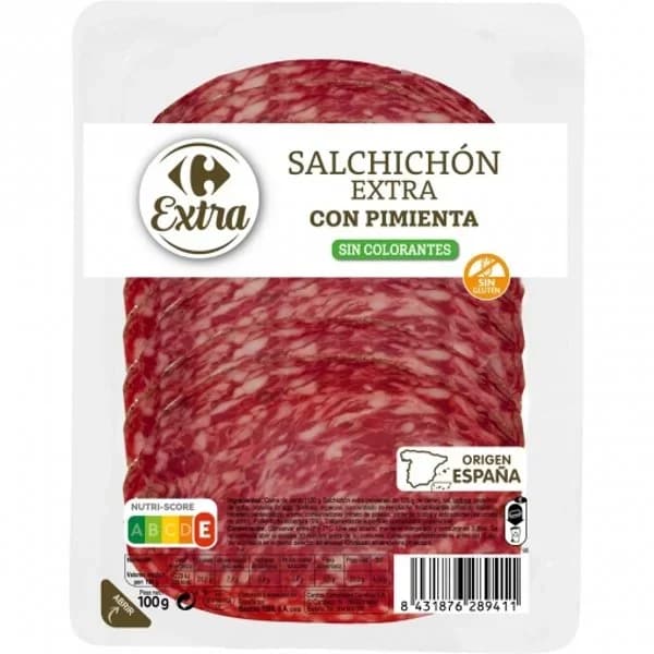 Salchichón extra con pimienta en lonchas Carrefour Extra sin gluten 100 g - 0.1 kg - Imagen del producto en Findit