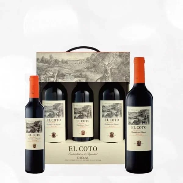 Estuche de 2 botellas de vino tinto crianza 75 cl. + 1 botella de vino tinto crianza El Coto D.O. Ca. Rioja 50 cl. - 1 ud - Imagen del producto en Findit