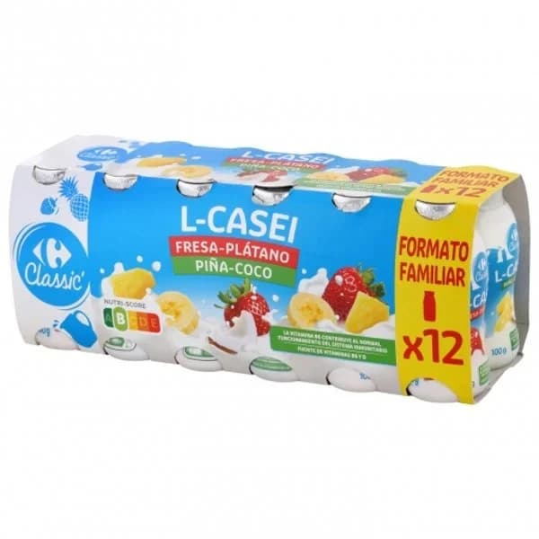 L.Casei líquido sabor fresa-plátano y piña-coco Carrefour Classic pack de 12 unidades de 100 g. - 1.2 kg - Imagen del producto en Findit