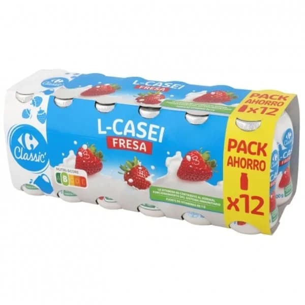 L.Casei líquido sabor fresa Carrefour Classic' pack de 12 unidades de 100 g. - 1.2 kg - Imagen del producto en Findit