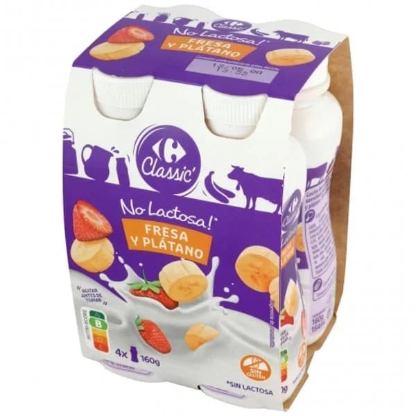 Leche fermentada fresa y plátano Carrefour Classic' sin gluten sin lactosa pack de 4 unidades de 160 g. - 0.64 kg - Imagen del producto en Findit