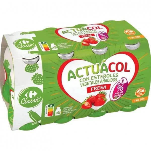 Leche fermentada líquida de fresa sin azúcar añadido Carrefour Actuacol sin gluten pack de 8 unidades de 100 g. - 0.8 kg - Imagen del producto en Findit