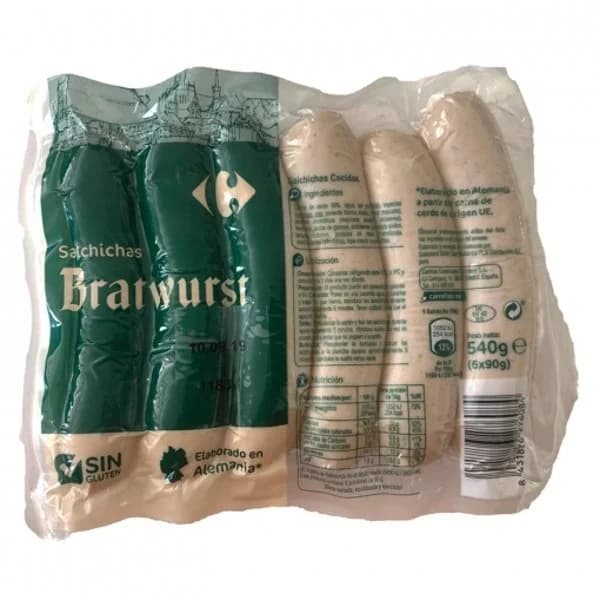Salchichas Bratwurst Carrefour Original sin gluten y sin lactosa 540 g. - 0.54 kg - Imagen del producto en Findit