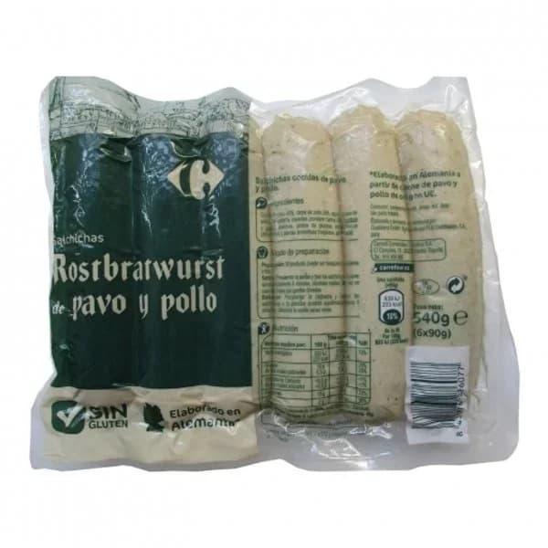 Salchichas rostbratwurst de pavo y pollo Carrefour sin gluten y sin lactosa 540 g. - 0.54 kg - Imagen del producto en Findit