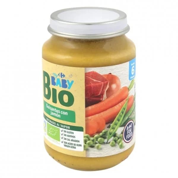 Tarrito de guisantes con jamón desde 6 meses ecológico Carrefour Baby Bio 200 g - 0.2 kg - Imagen del producto en Findit