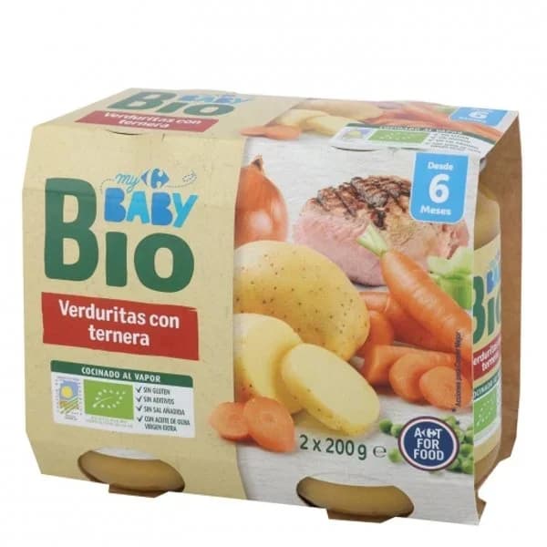 Tarrito de verduritas con ternera desde 6 meses ecológico Carrefour Baby Bio pack de 2 unidades de 200 g - 0.4 kg - Imagen del producto en Findit