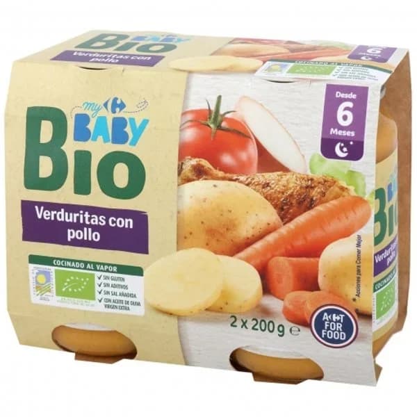 Tarrito de verduritas con pollo desde 6 meses ecológico Carrefour Baby Bio pack de 2 unidades de 200 g - 0.4 kg - Imagen del producto en Findit