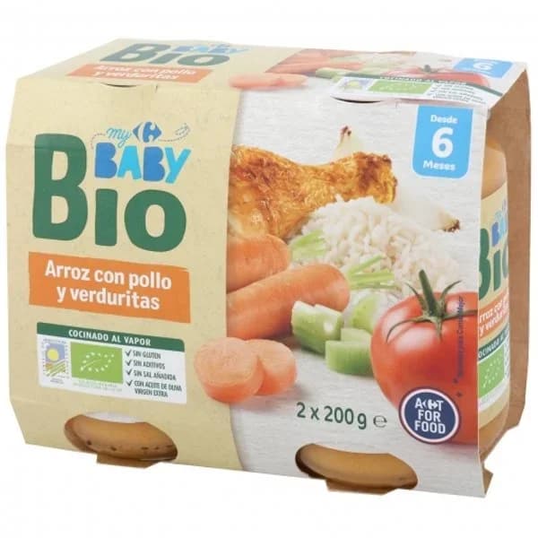 Tarrito de arroz con pollo y verduritas desde 6 meses ecológico Carrefour Baby Bio pack de 2 unidades de 200 g - 0.4 kg - Imagen del producto en Findit