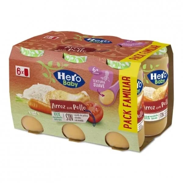 Tarrito de arroz con pollo desde 6 meses Hero Baby sin gluten pack de 6 unidades de 235 g. - 1.41 kg - Imagen del producto en Findit
