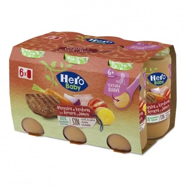 Tarrito de menestra de verduras ternera y jamón desde 6 meses Hero Baby sin gluten  pack de 6 unidades de 235 g. - 1.41 kg - Imagen del producto en Findit