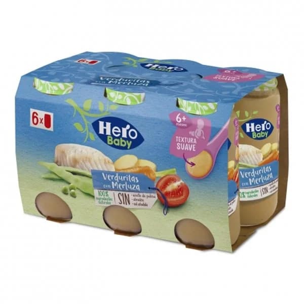 Tarrito de verduritas con merluza desde 6 meses Hero Baby sin gluten pack de 6 unidades de 235 g. - 1.41 kg - Imagen del producto en Findit