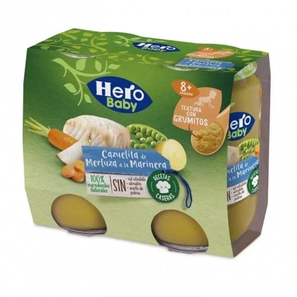 Tarrito de cazuela de merluza a la marinera desde 8 meses Hero Baby sin gluten pack de 2 unidades de 190 g. - 0.38 kg - Imagen del producto en Findit