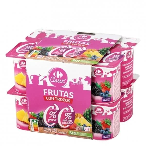 Leche fermentada desnatada con trozos de frutas de fresa, piña y frutas del bosque sin azúcar añadido Carrefour pack de 12 unidades de 125 g. - 1.5 kg - Imagen del producto en Findit