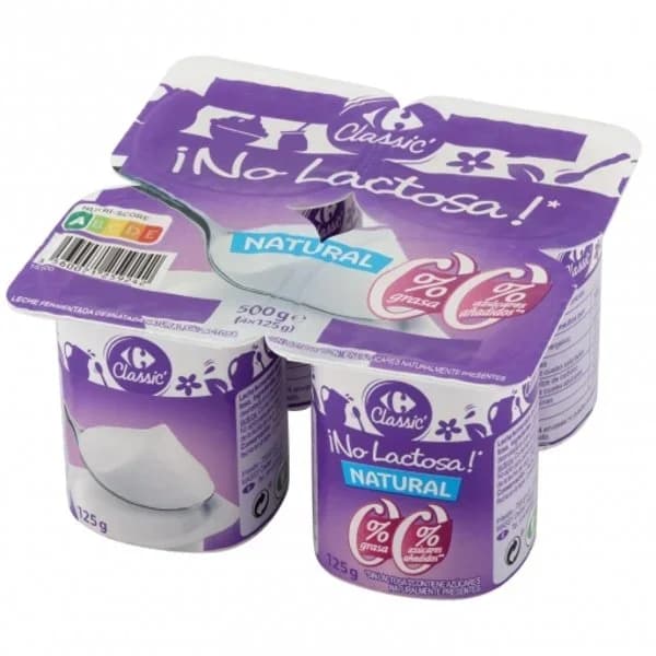 Leche fermentada desnatada natural sin azúcar añadido Carrefour Classic sin lactosa pack de 4 unidades de 125 g. - 0.5 kg - Imagen del producto en Findit