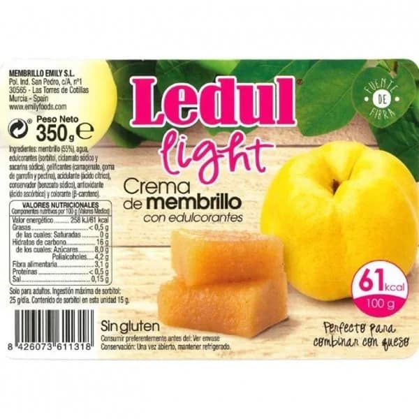 Crema de membrillo light con edulcorantes Ledul sin gluten 350 g. - 1 ud - Imagen del producto en Findit