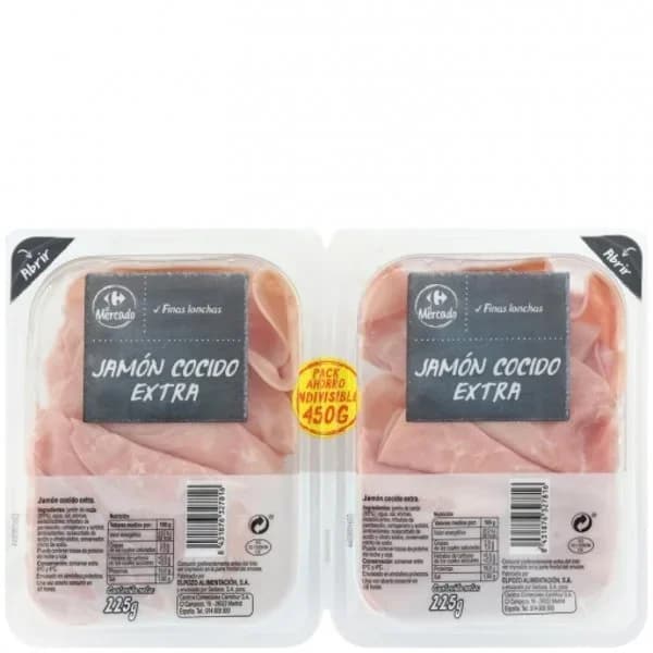 Jamón cocido extra en finas lonchas Carrefour El Mercado sin gluten 2x225 g - 0.45 kg - Imagen del producto en Findit