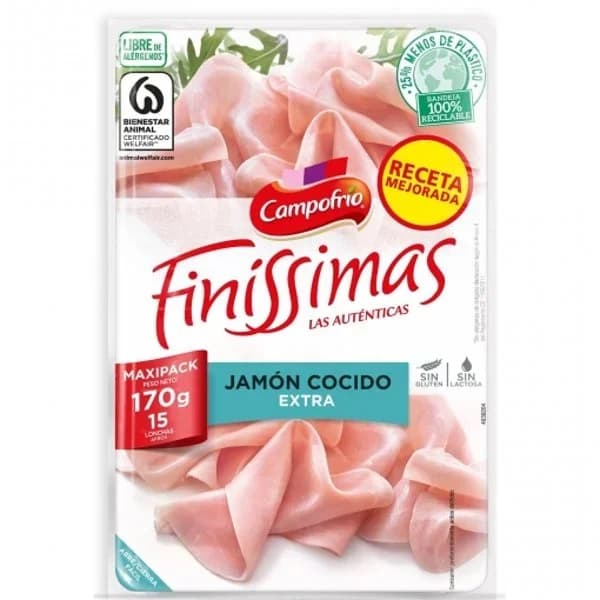 Jamón cocido extra en lonchas Campofrío Finissimas sin gluten y sin lactosa 170 g - 0.17 kg - Imagen del producto en Findit
