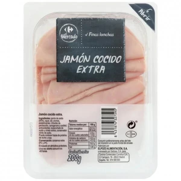 Jamón cocido extra en finas lonchas Carrefour El Mercado sin gluten 200 g - 0.2 kg - Imagen del producto en Findit