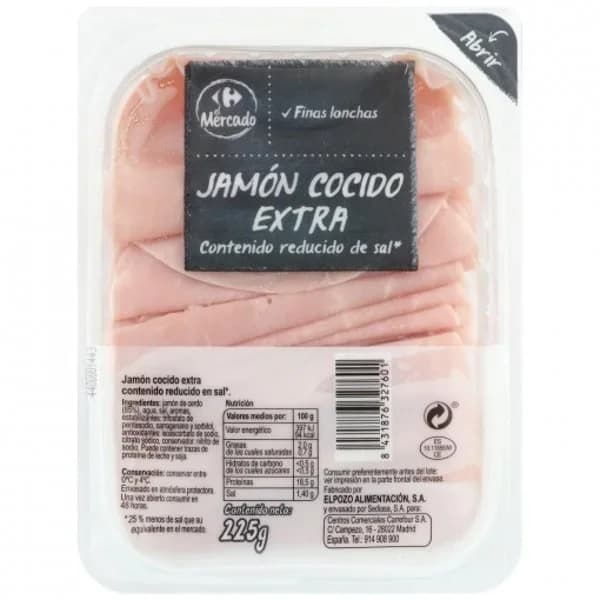Jamón cocido extra en finas lonchas Carrefour El Mercado sin gluten 225 g - 0.22 kg - Imagen del producto en Findit