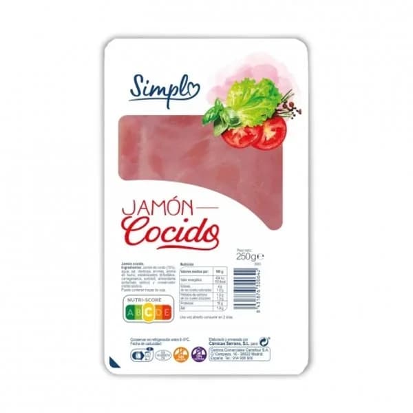 Jamón cocido en lonchas Simply sin gluten sin lactosa 250 g. - 0.25 kg - Imagen del producto en Findit
