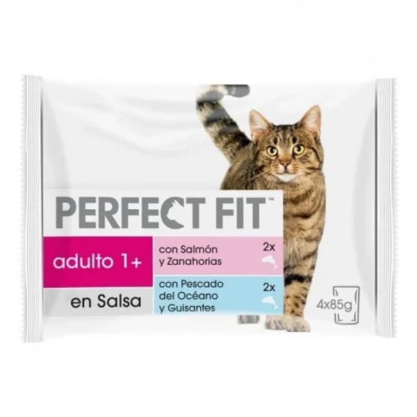 Comida húmeda esterilizada de pescado y verduras para gatos Perfect Fit pack de 4 unidades de 85 g. - 0.34 kg - Imagen del producto en Findit