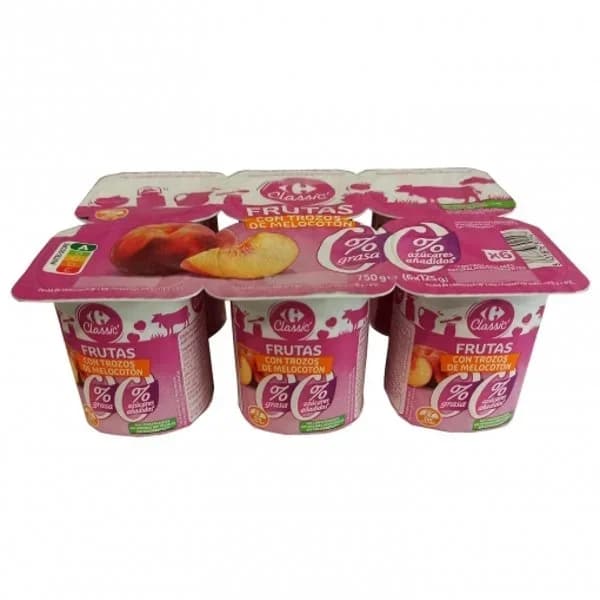 Leche fermentada desnatada con trozos de melocotón Carrefour sin gluten y sin azúcar añadido pack de 6 unidades de 125 g. - 0.75 kg - Imagen del producto en Findit