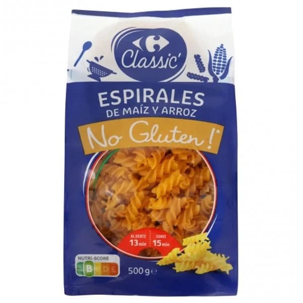 Pasta espirales de maíz y arroz Classic Carrefour No gluten sin gluten 500 g. - 0.5 kg - Imagen del producto en Findit