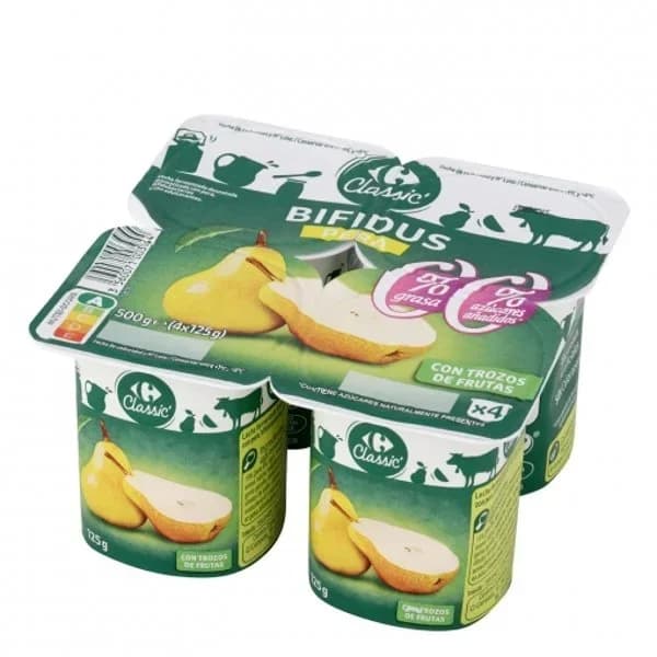 Bífidus desnatado con trozos de pera Carrefour Classic´ sin gluten y sin azúcar añadido pack de 4 unidades de 125 g. - 0.5 kg - Imagen del producto en Findit