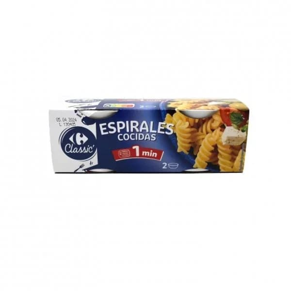 Pasta espirales cocidas para microondas Classic Carrefour pack de dos unidades de 125 g. - 0.12 kg - Imagen del producto en Findit