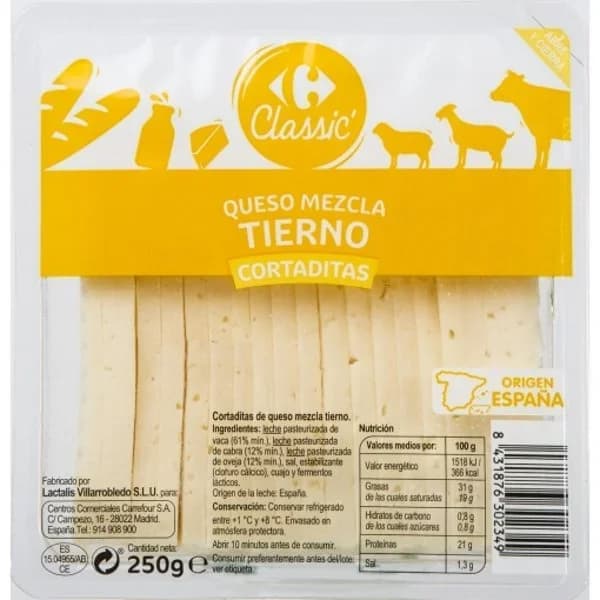 Queso de mezcla tierno Carrefour Classic cuña cortada de 250 g - 0.25 kg - Imagen del producto en Findit