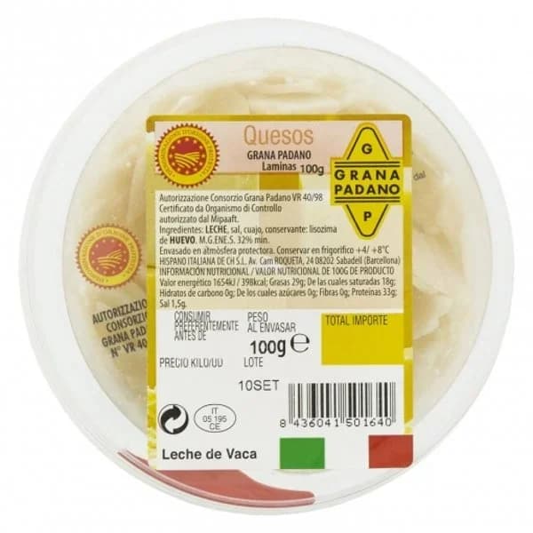 Queso grana padano en laminas D.O.P. Hispano Italiana Parmareggio 100 g. - 0.1 kg - Imagen del producto en Findit