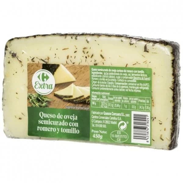 Queso de oveja semicurado con romero y tomillo Carrefour Extra 450 g. - 0.45 kg - Imagen del producto en Findit