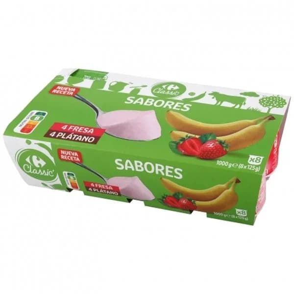 Yogur sabor fresa y plátano Carrefour Classic' pack de 8 unidades de 125 g. - 1 kg - Imagen del producto en Findit