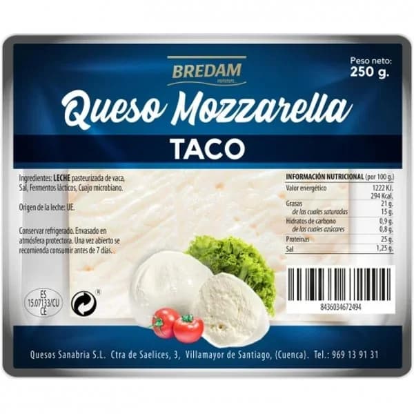 Queso en taco mozzarella Bredam 250 g. - 0.25 kg - Imagen del producto en Findit