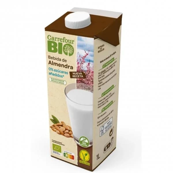 Bebida de almendras sin azúcar añadido ecológica Carrefour Bio sin gluten brik 1 l. - 1 l - Imagen del producto en Findit