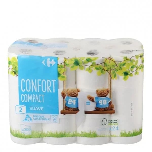 Papel higiénico compact doble rollo Carrefour 24 rollos. - 23.86 ud - Imagen del producto en Findit