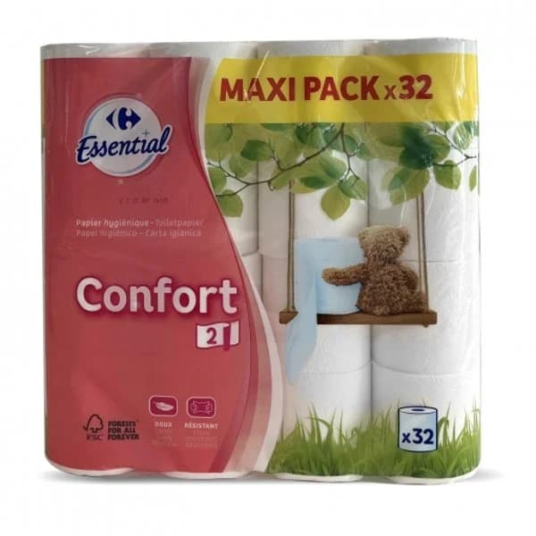 Papel higiénico 2 capas confort Carrefour Essential 32 rollos. - 31.38 ud - Imagen del producto en Findit