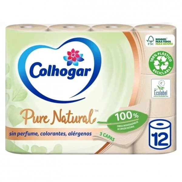 Papel higiénico ecológico pure natural Colhogar 12 rollos - 12.07 ud - Imagen del producto en Findit