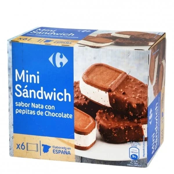Mini sandwich de nata con pepitas de chocolate Carrefour 6 ud. - 5.93 ud - Imagen del producto en Findit