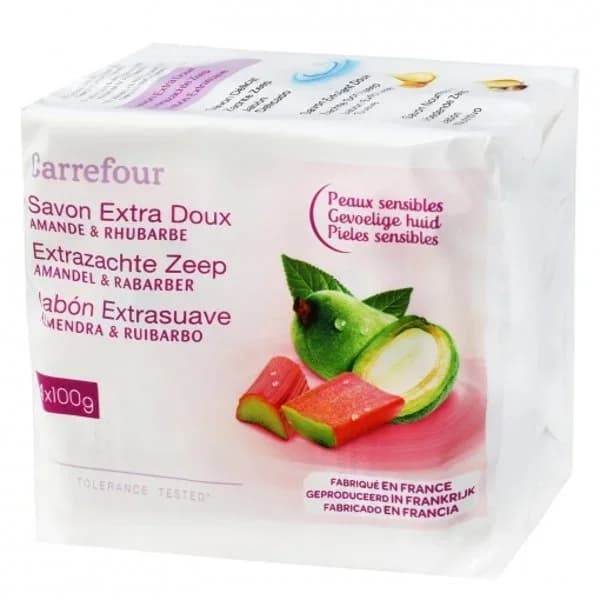 Jabón de manos en pastilla de almendra y ruibarbo Carrefour pack de 4 unidades de 100 g. - 0.4 kg - Imagen del producto en Findit