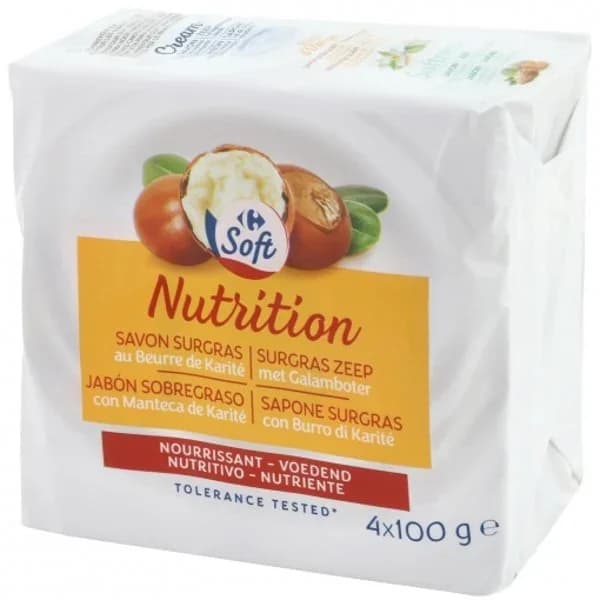 Jabón de manos en pastilla nutritivo con manteca de karité Carrefour Soft pack de 4 unidades de 100 g. - 0 kg - Imagen del producto en Findit