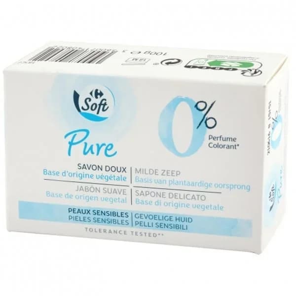 Jabón de cara y cuerpo en pastilla pieles sensibles Pure Carrefour Soft 100 g. - 0.1 kg - Imagen del producto en Findit